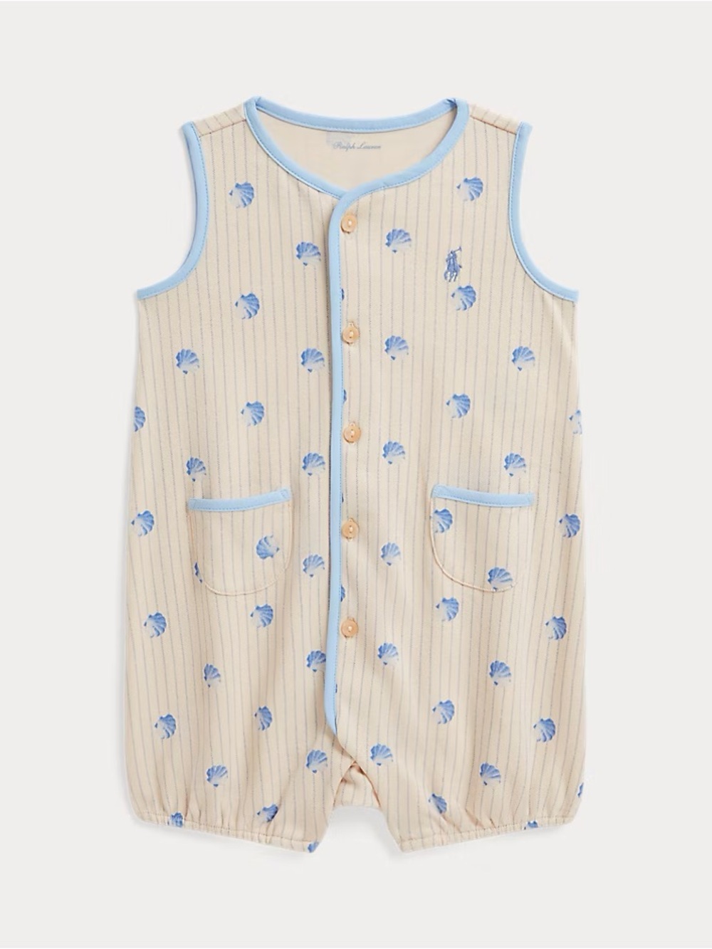 NWT 0-3m Polo Ralph Lauren Cream & Blue Shell-Print Sleeveless Romper Pajamas